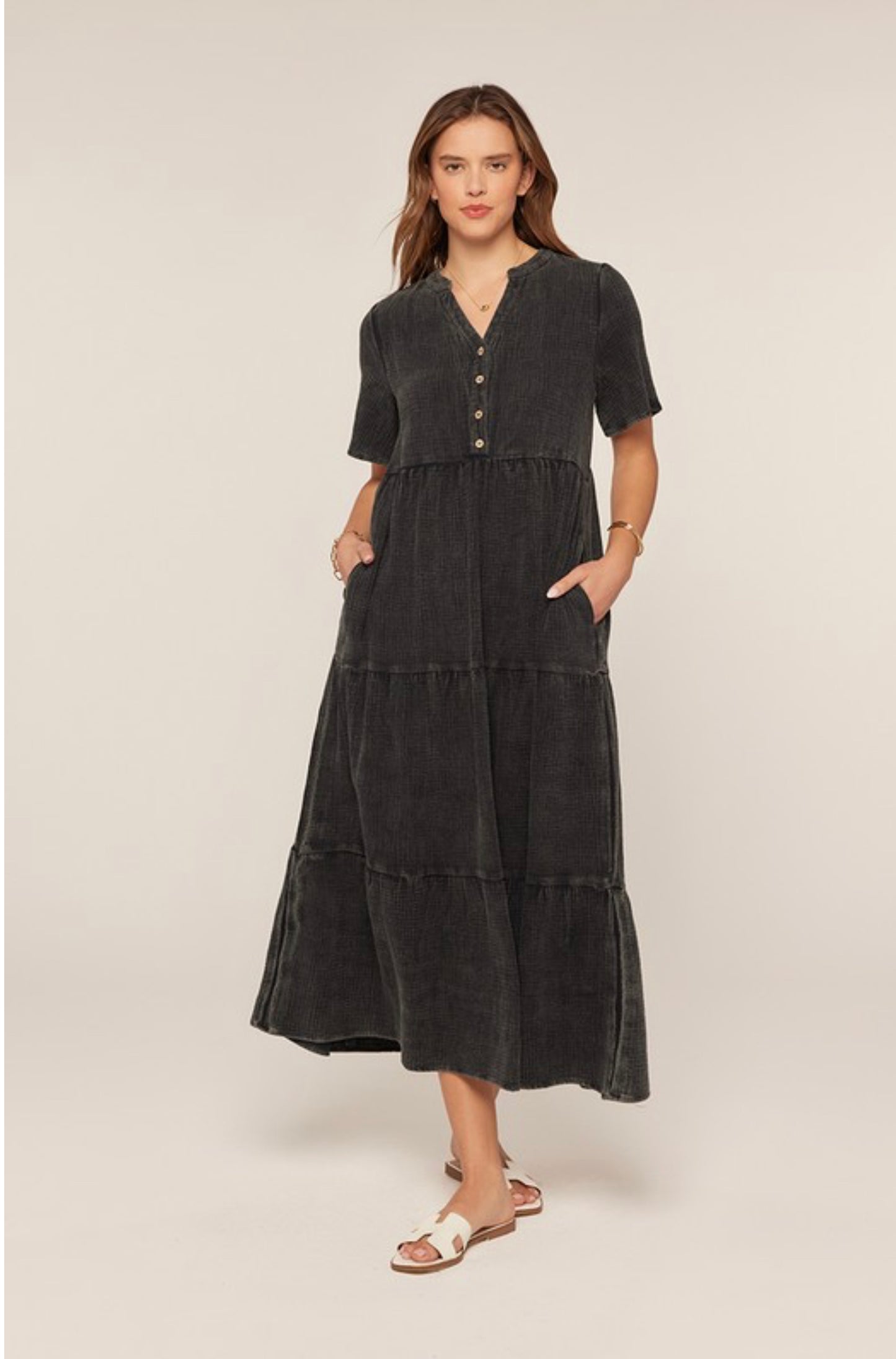 Washed Cotton Tiered Maxi Dress