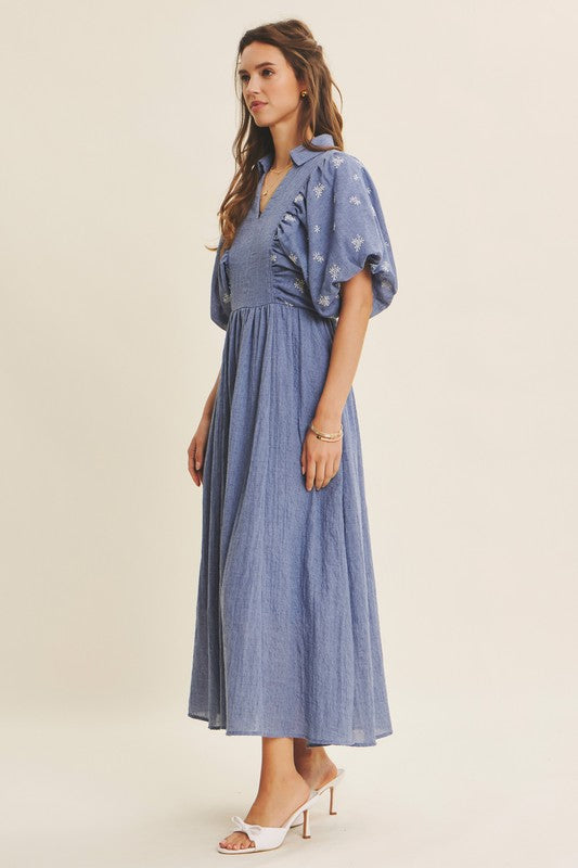 Blue Embroidered Textured Midi