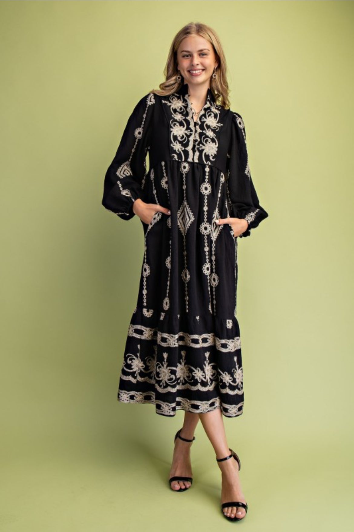 Buttoned V-Neck Midi Dress