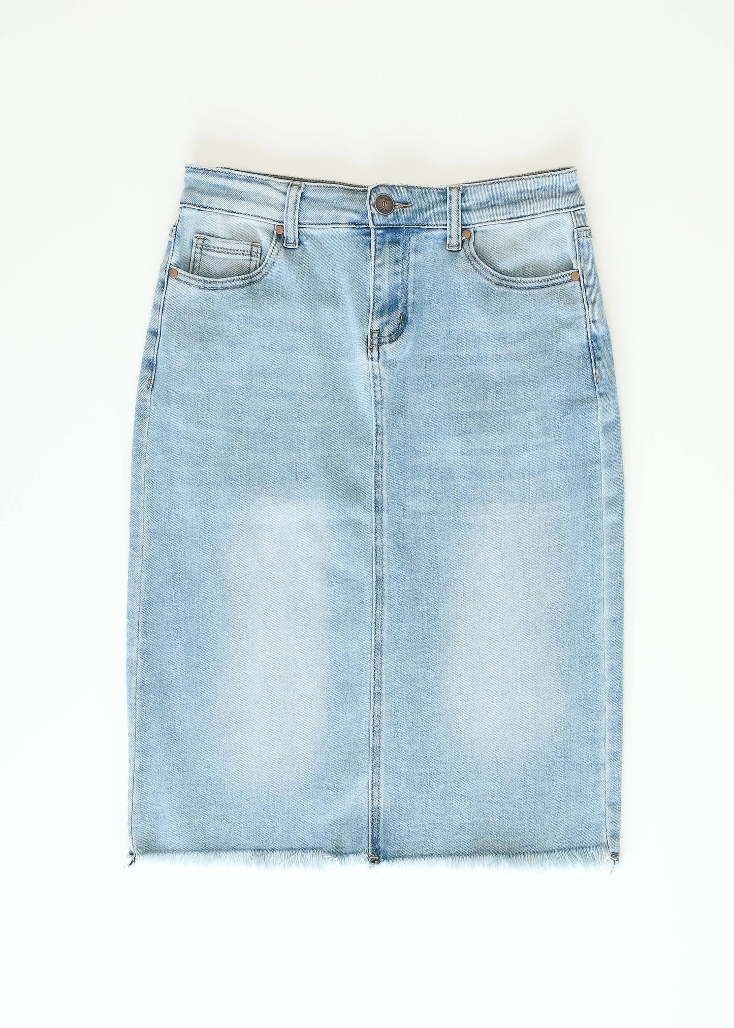 Drew Raw Hem Midi Denim Skirt