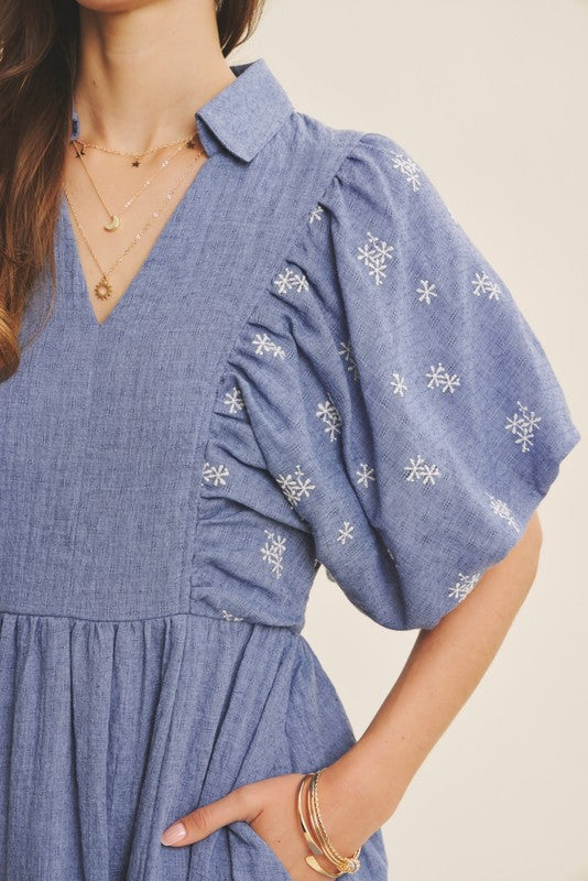 Blue Embroidered Textured Midi