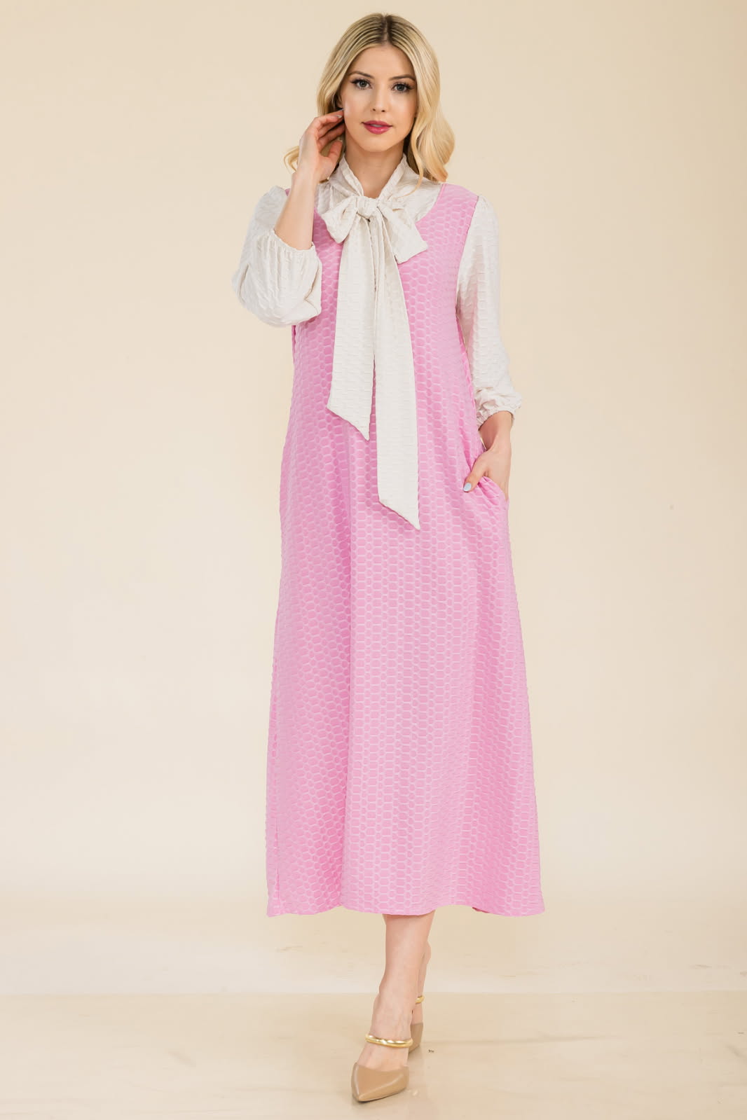Plus Honey Comb Bow Tie Dress