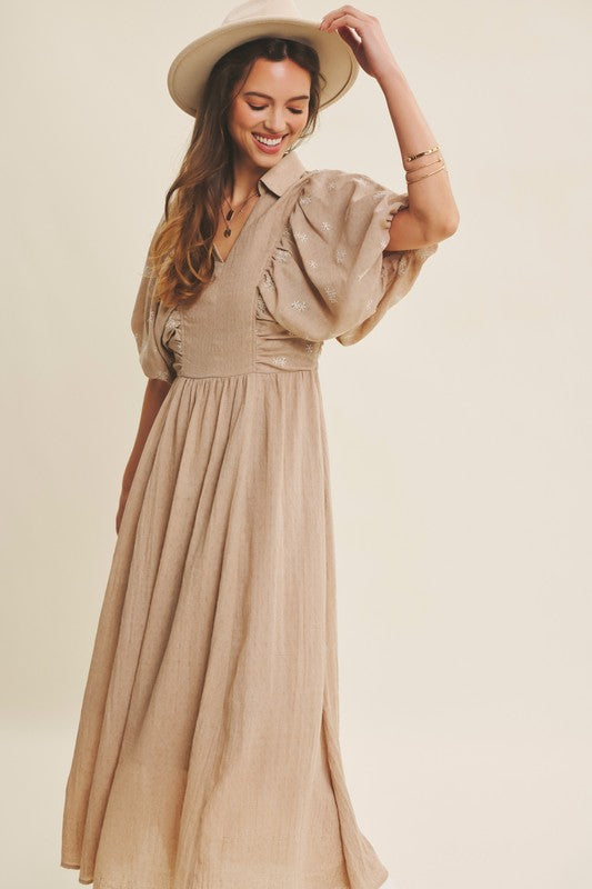 Tan Embroidered Textured Midi