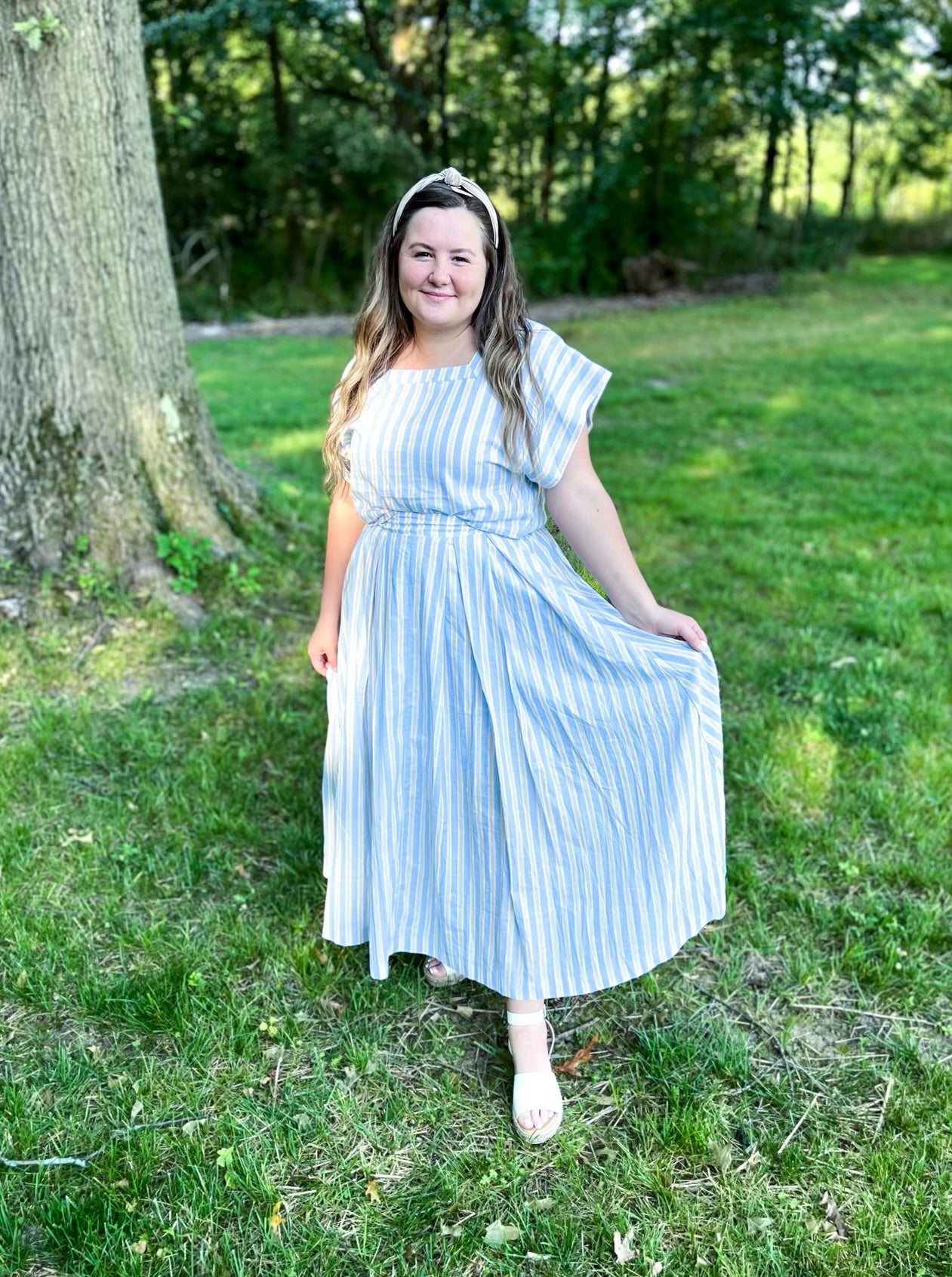 Stripe Square Neck Skirt and Top Set