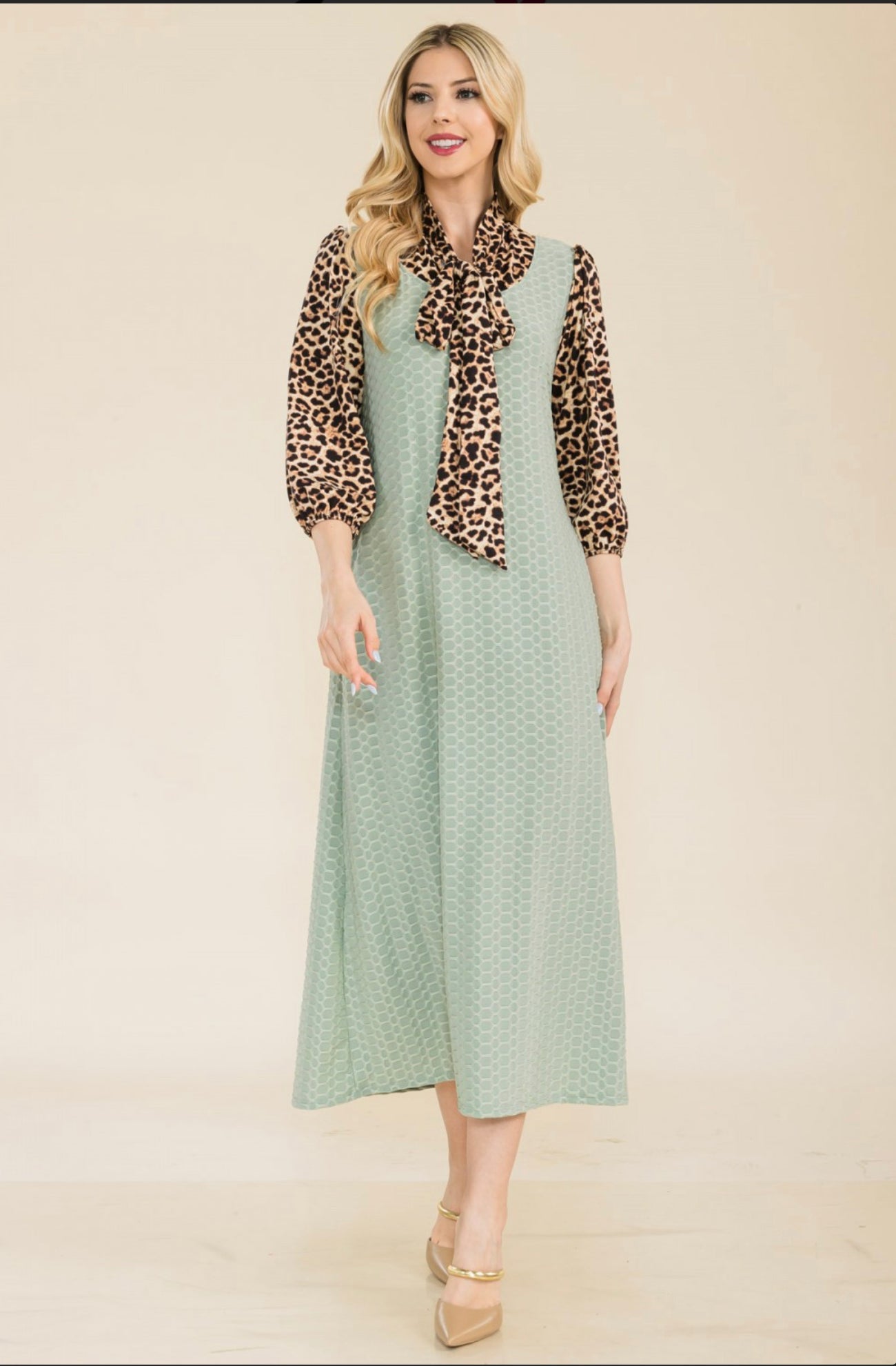 PLUS Size Honey Comb Dress With Leopard Bow Tie