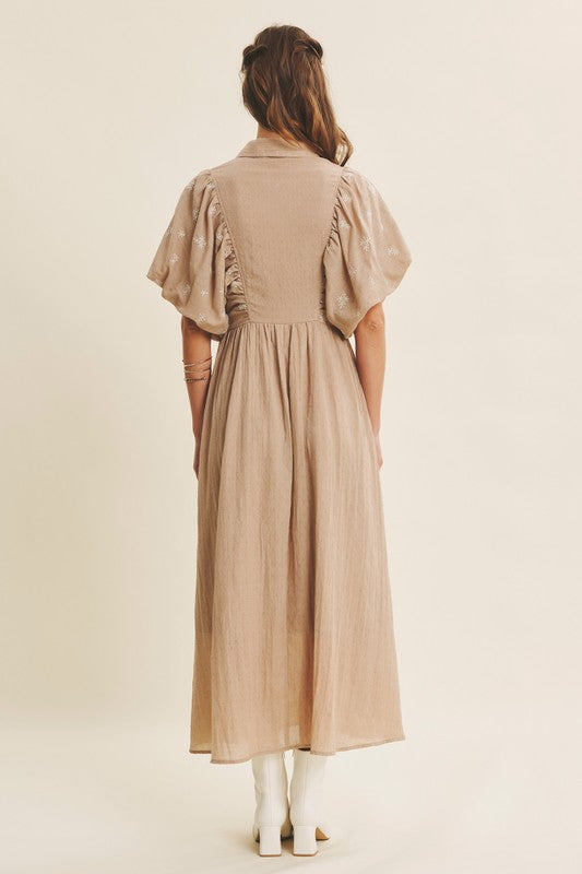 Tan Embroidered Textured Midi