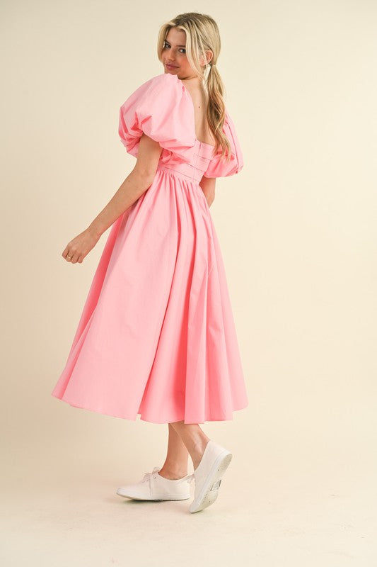 Balloon Sleeve Pleated Midi