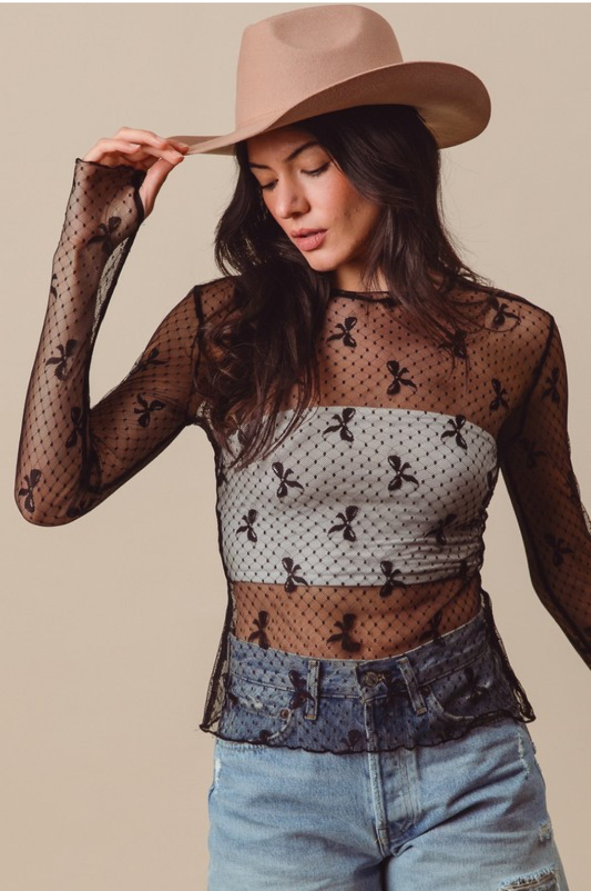 Bow Ribbon Sheer Lace Top