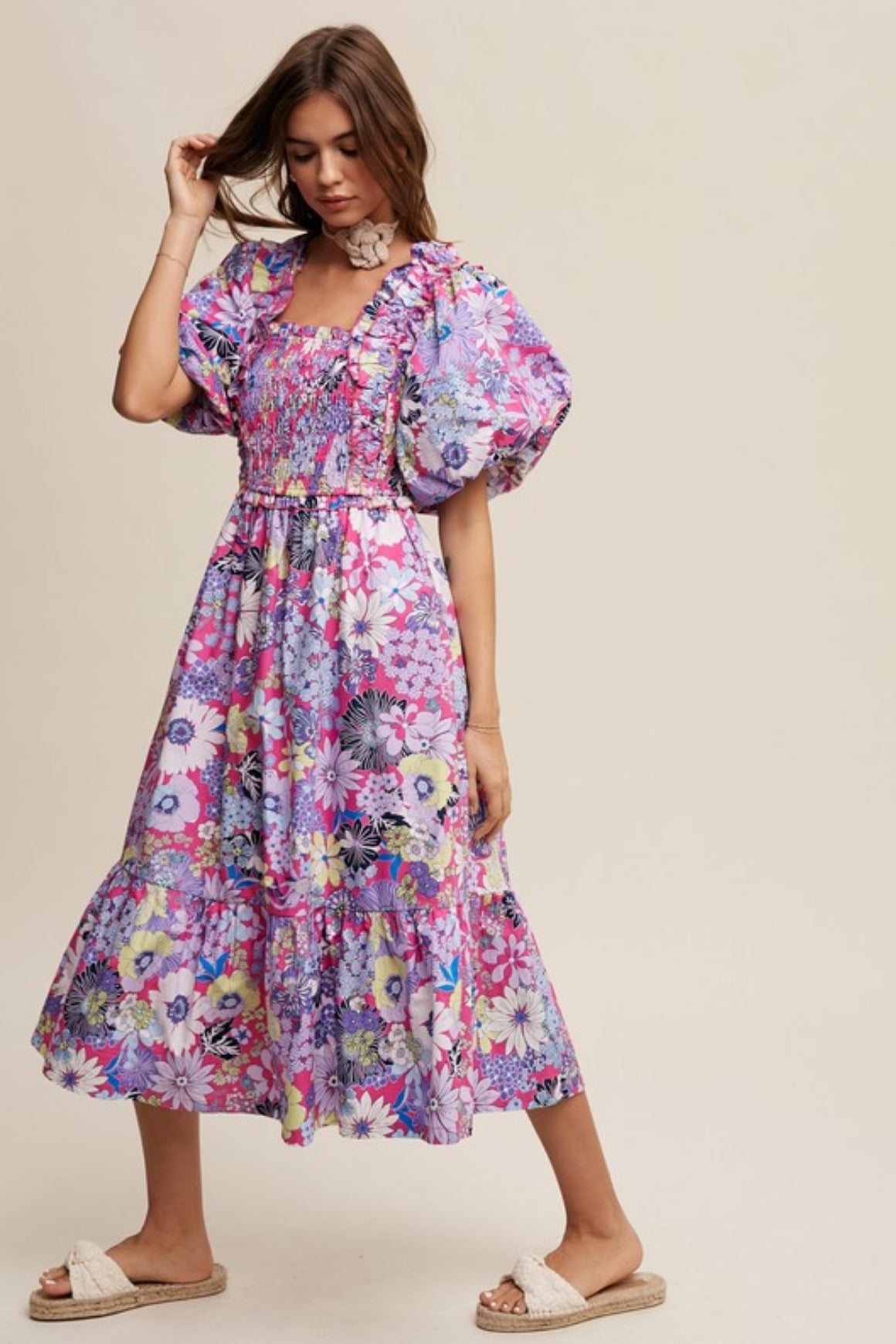 Flower Print Puff Sleeve Midi Dress