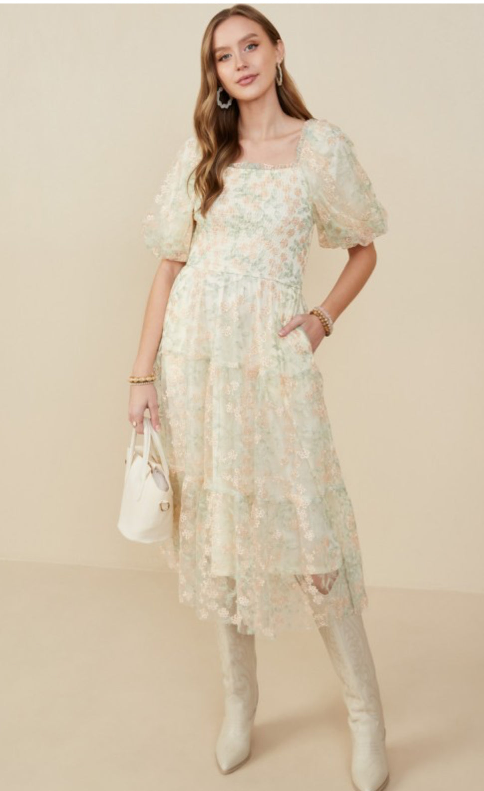 Smocked Floral Mesh Lace Dress