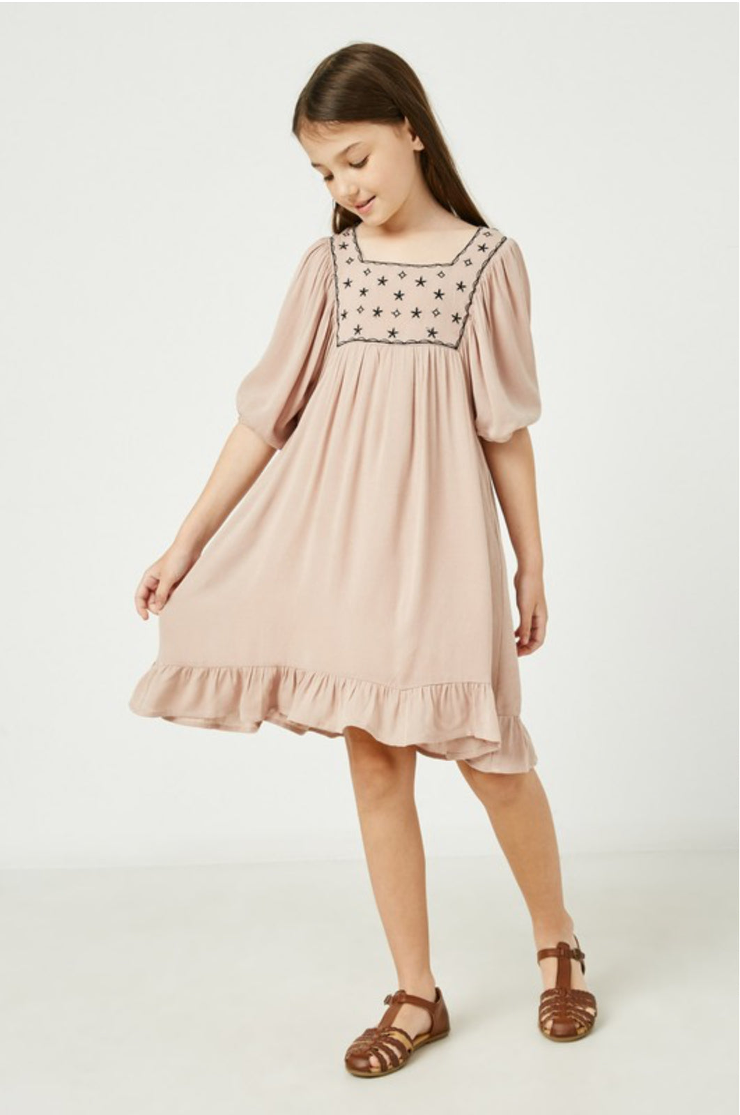 Girls Embroidered Bodice Balloon Sleeve Dress