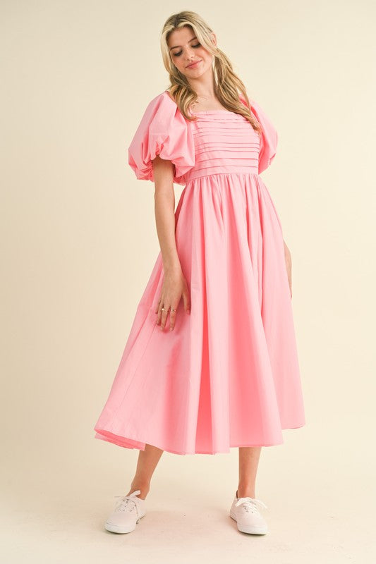 Balloon Sleeve Pleated Midi