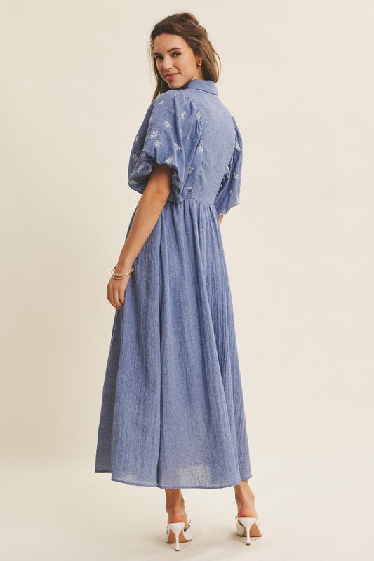 Blue Embroidered Textured Midi