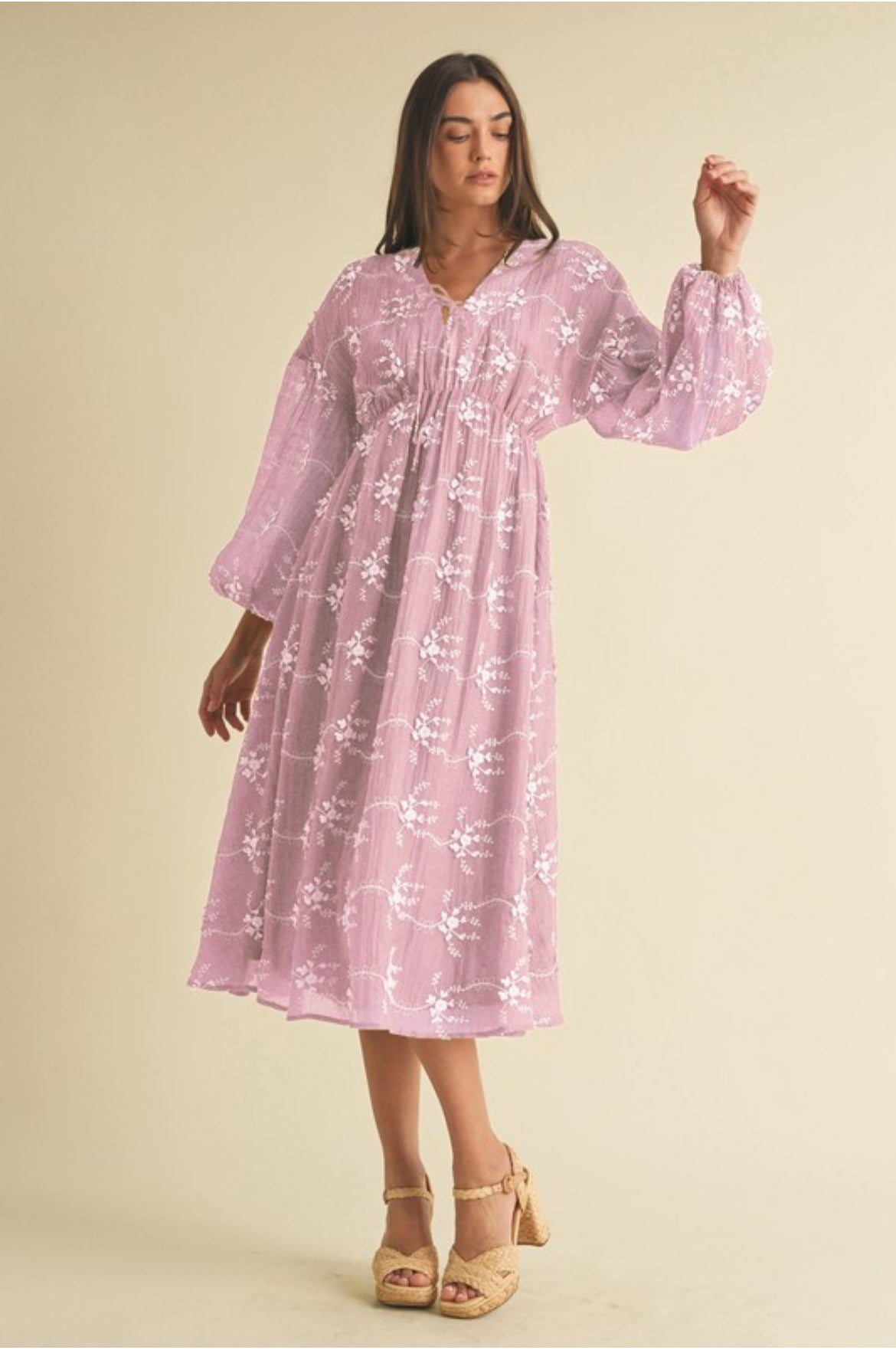 Embroidered Long Sleeve Midi Dress