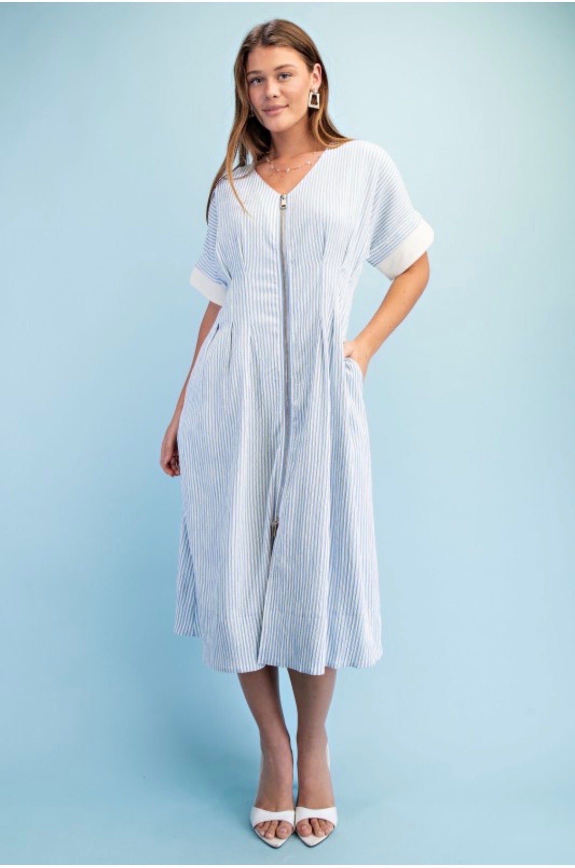 Blue Striped Zipper Midi