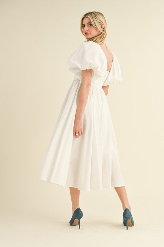 Balloon Sleeve Pleated Midi