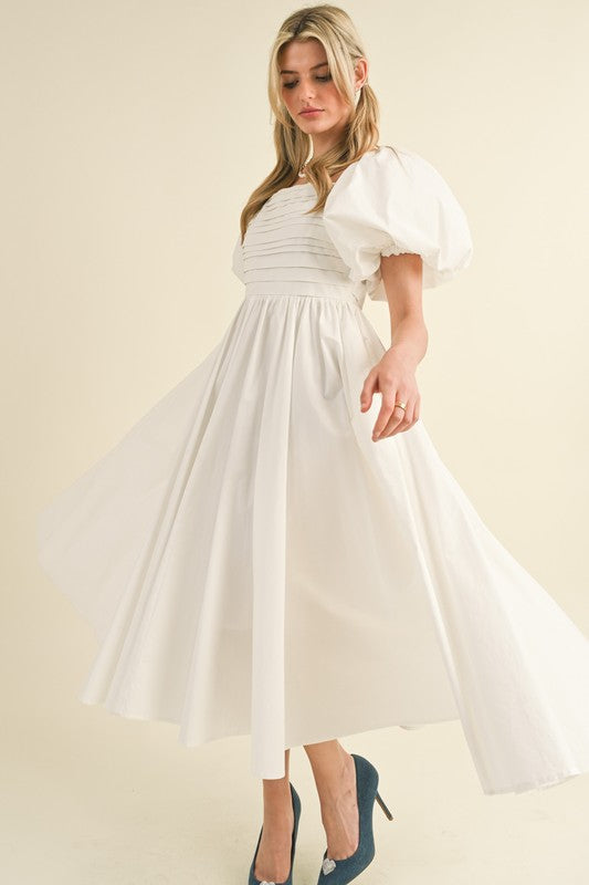 Balloon Sleeve Pleated Midi