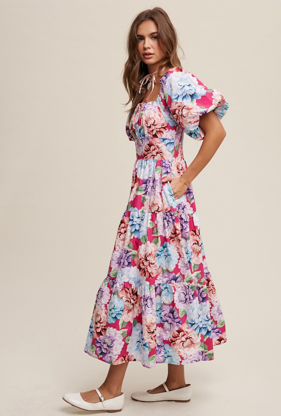 Flower Print Puff Sleeve Maxi Dress
