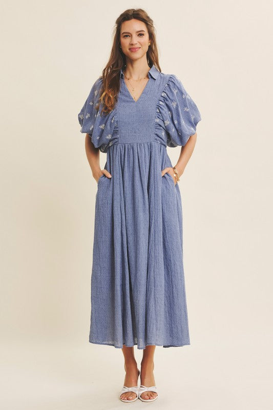 Blue Embroidered Textured Midi