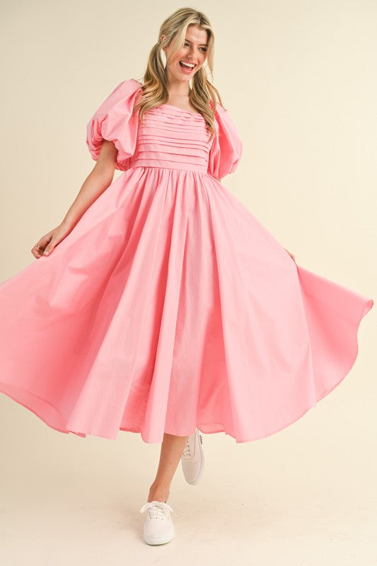 Balloon Sleeve Pleated Midi