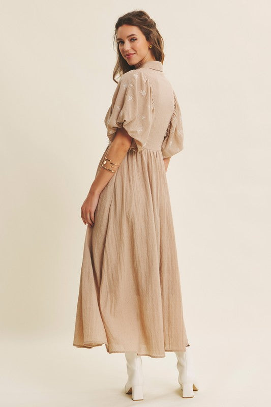 Tan Embroidered Textured Midi