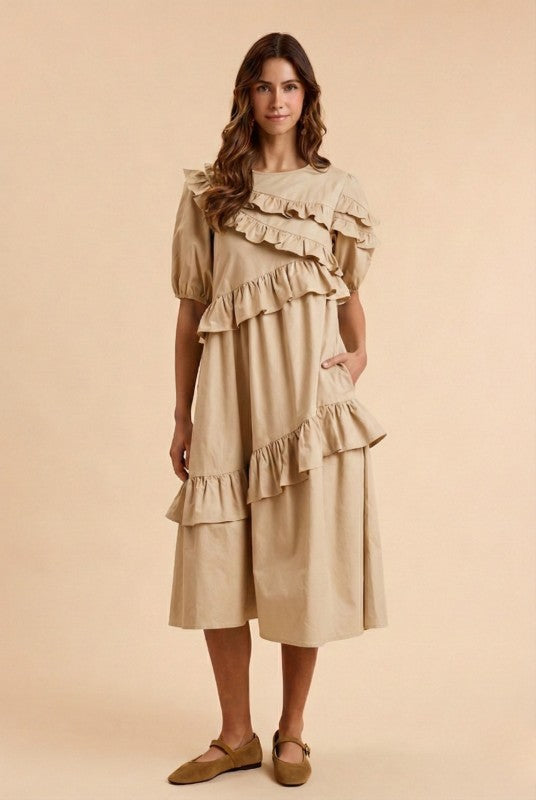 Tan Ruffle Trim Midi