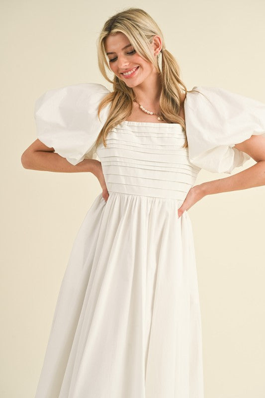 Balloon Sleeve Pleated Midi