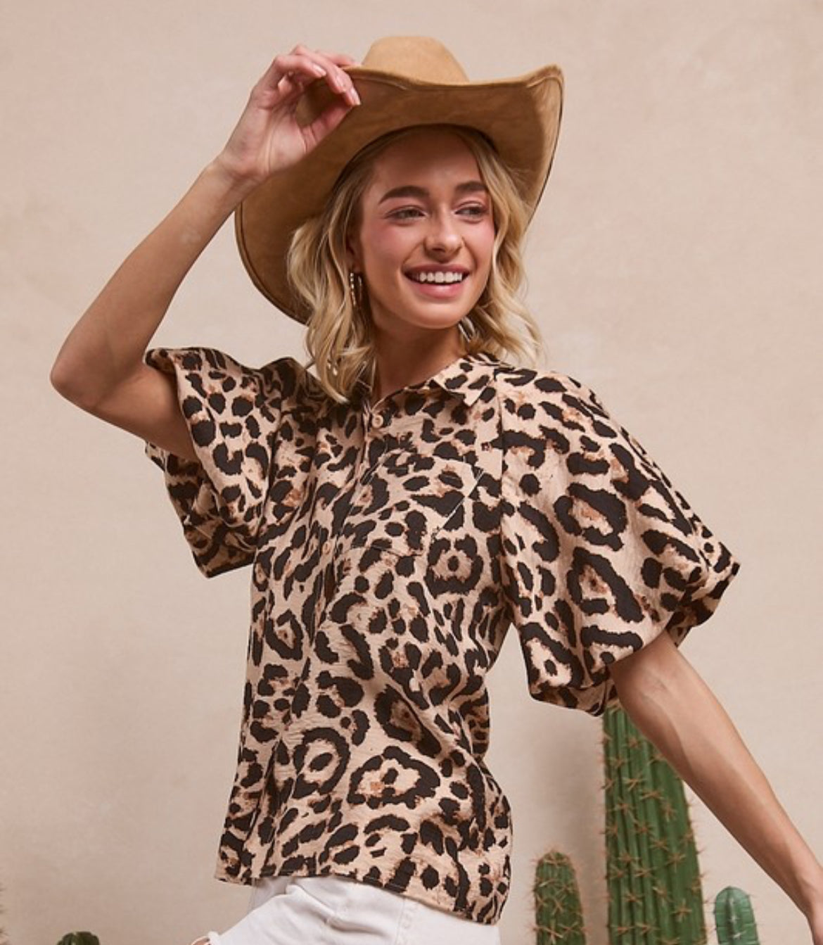 Leopard Puff Sleeve Button Down