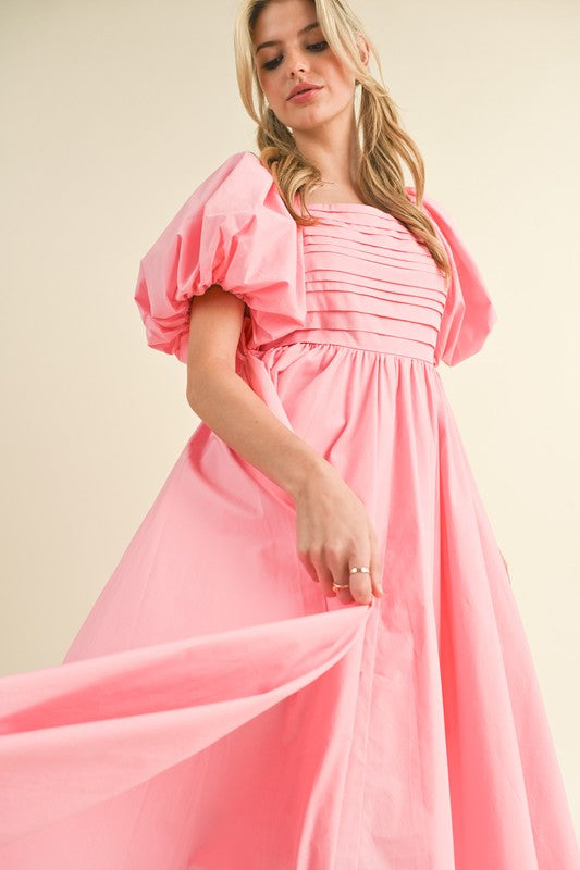 Balloon Sleeve Pleated Midi