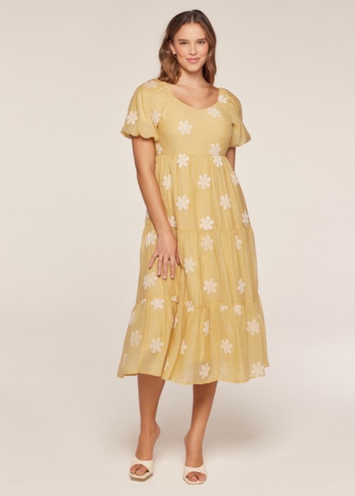 Yellow Embroidered Tier Dress