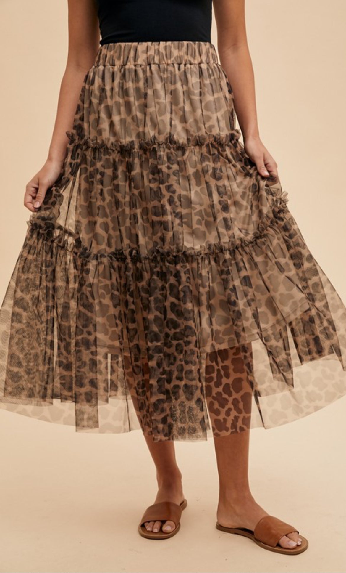 Leopard Tulle Tiered Midi Skirt