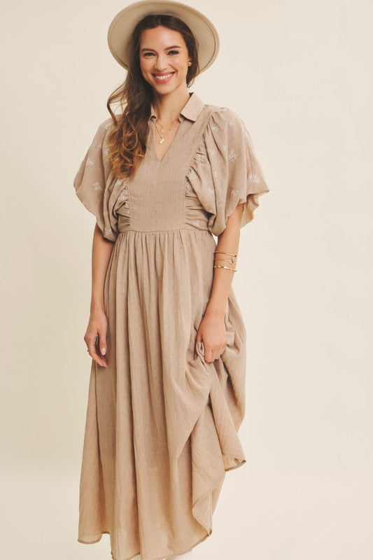 Tan Embroidered Textured Midi