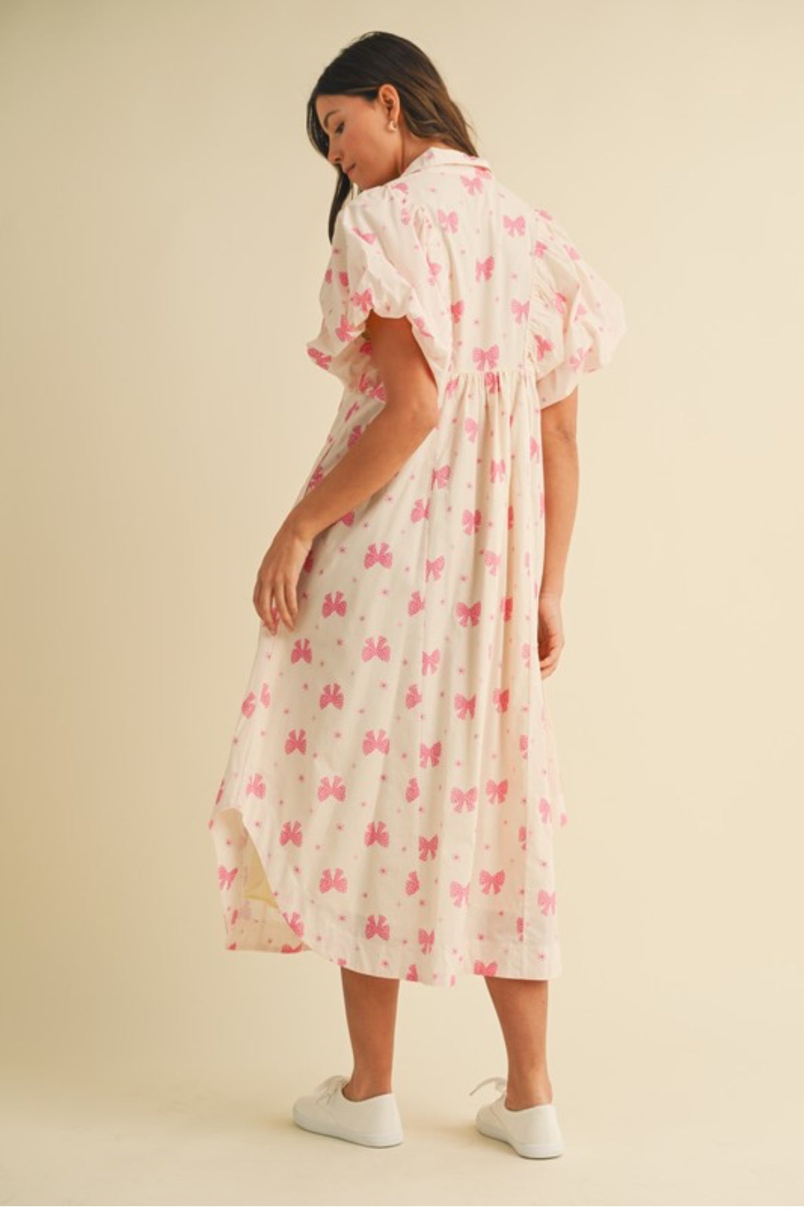 Bow Print Smocked Shirt Dress