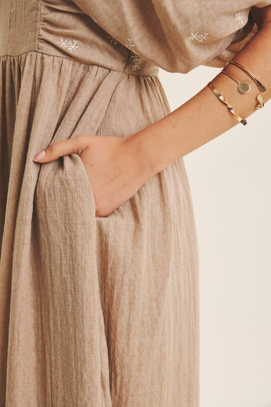 Tan Embroidered Textured Midi