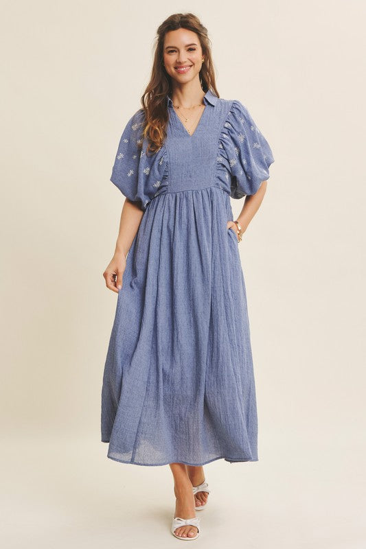 Blue Embroidered Textured Midi