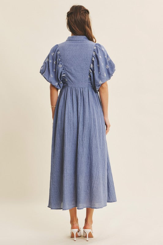 Blue Embroidered Textured Midi