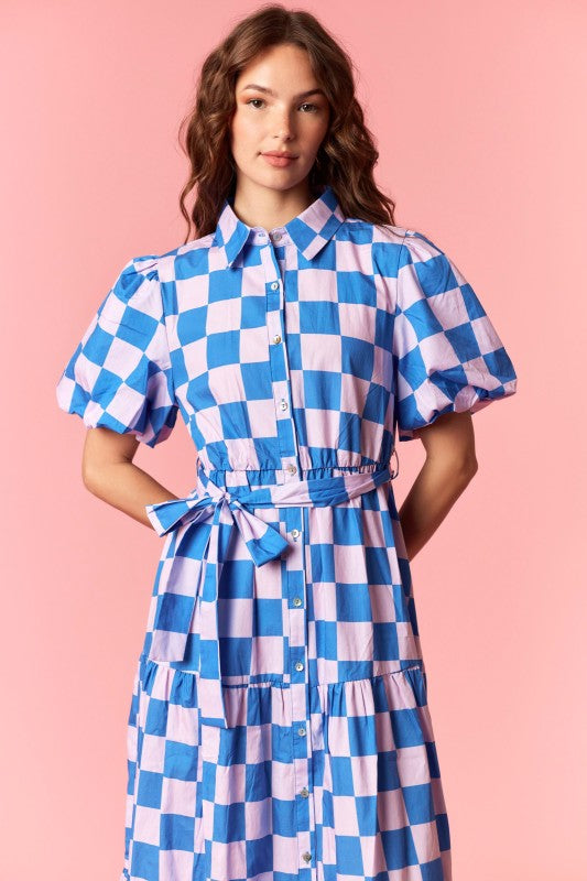 Checkered Poplin Puff Maxi