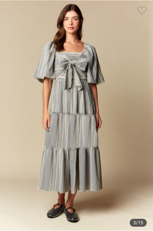 Gingham Smocked Bow Front Maxi Dress