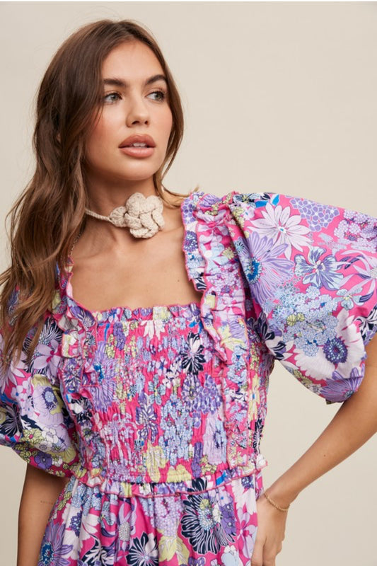 Flower Print Puff Sleeve Midi Dress