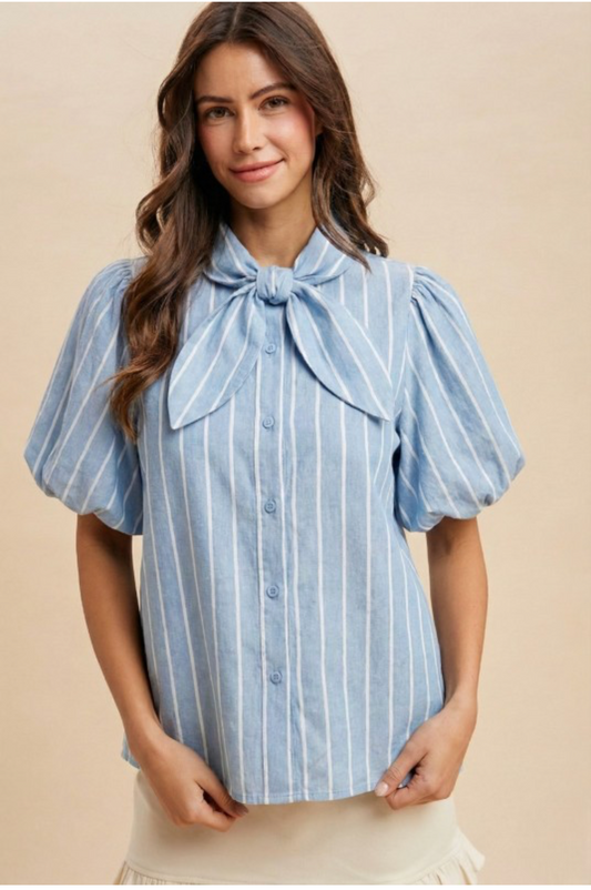 Light Blue Striped Bow Top