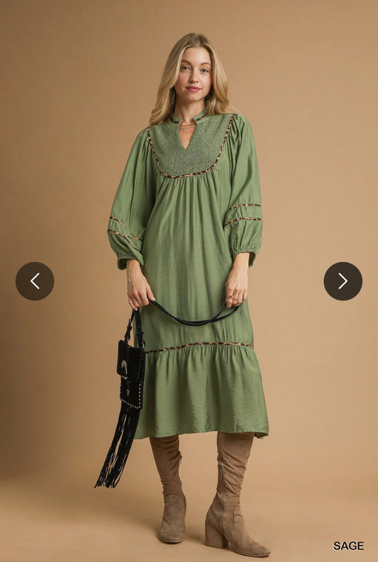 Smocked Yoke Maxi Dress with Leopard Trim