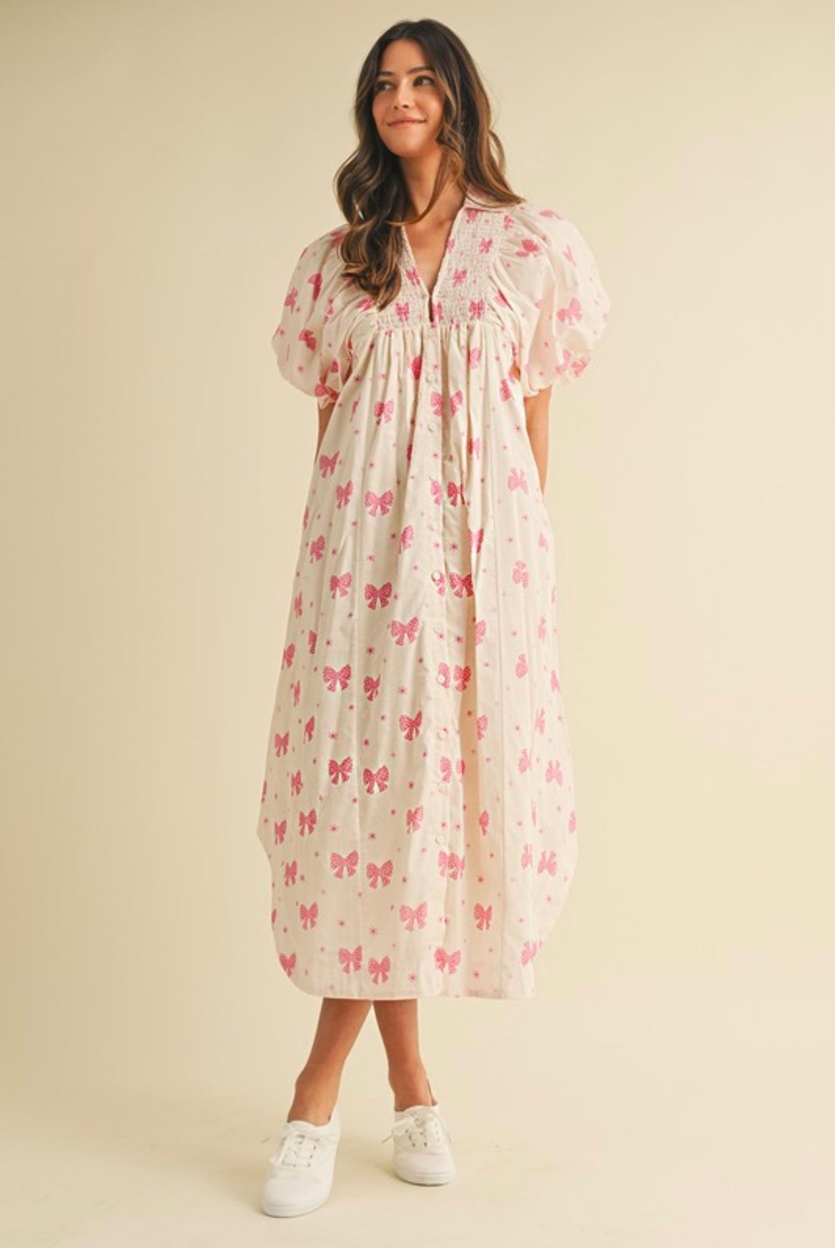 Bow Print Smocked Shirt Dress
