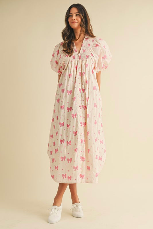 Bow Print Smocked Shirt Dress
