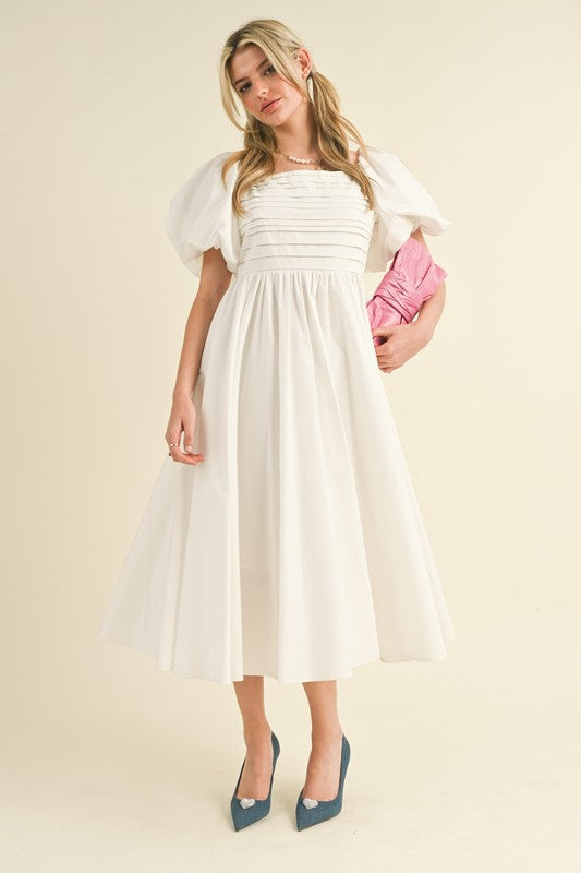 Balloon Sleeve Pleated Midi
