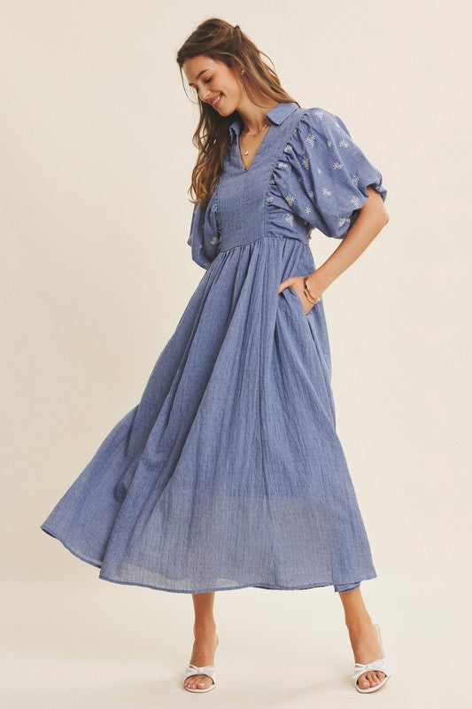 Blue Embroidered Textured Midi