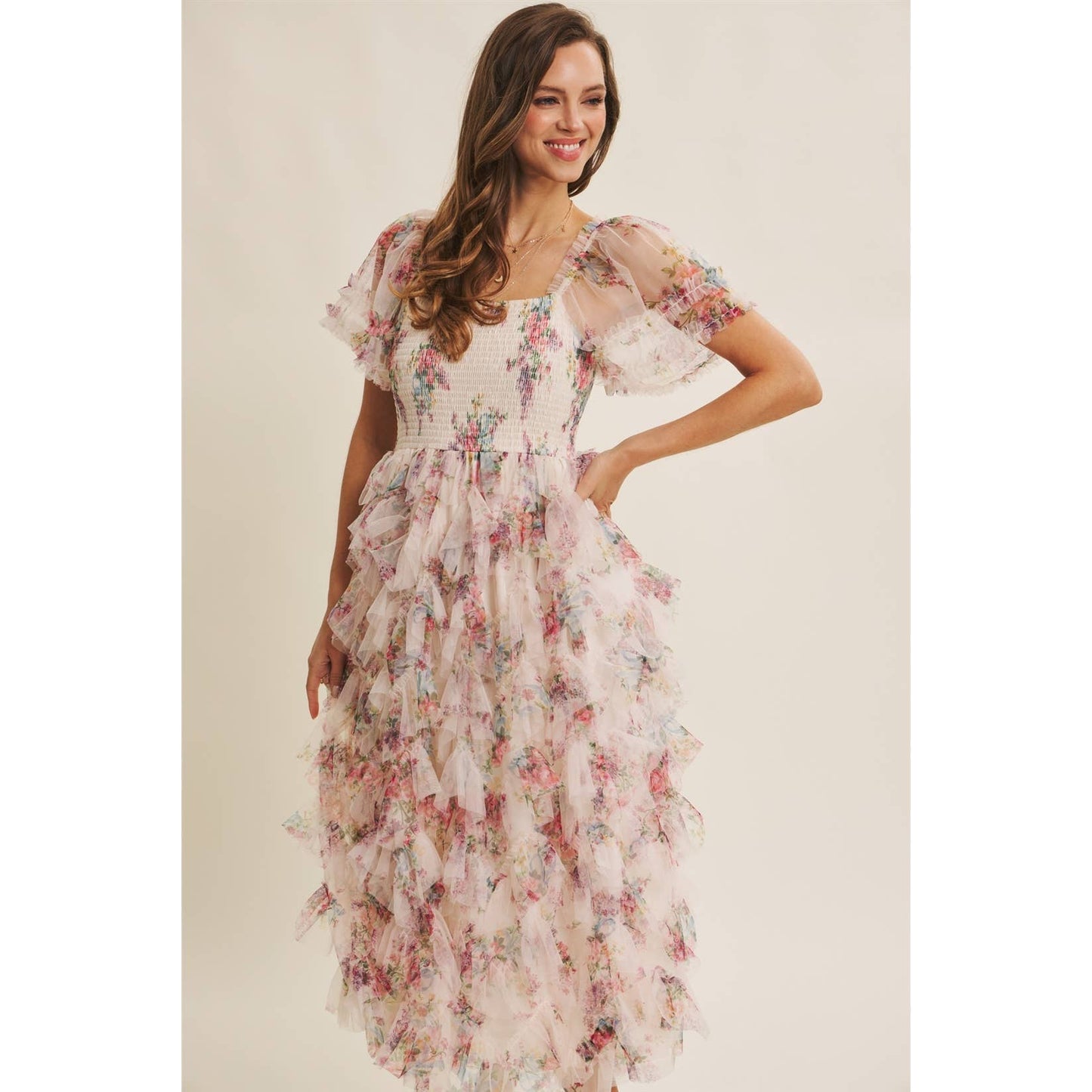 Floral Smocked Ruffle Midi