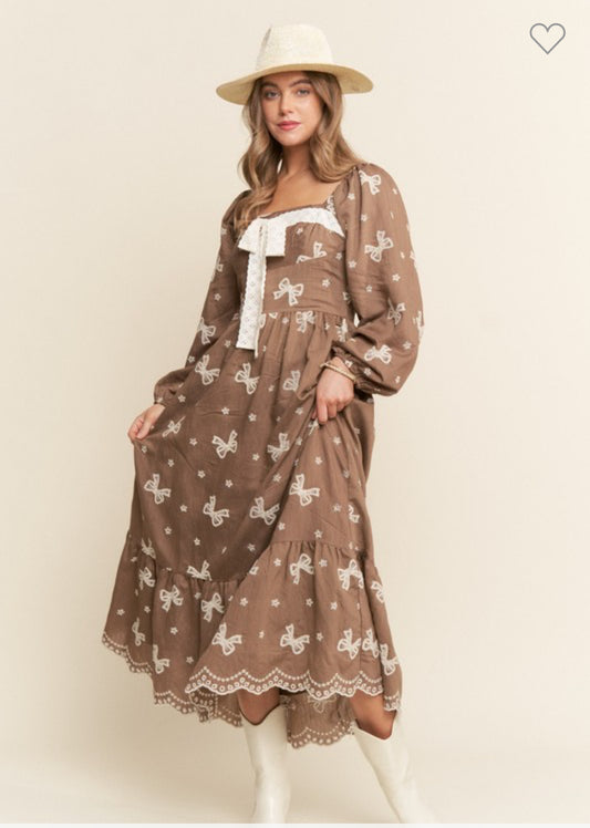 Embroidered Bows Long Sleeve Maxi