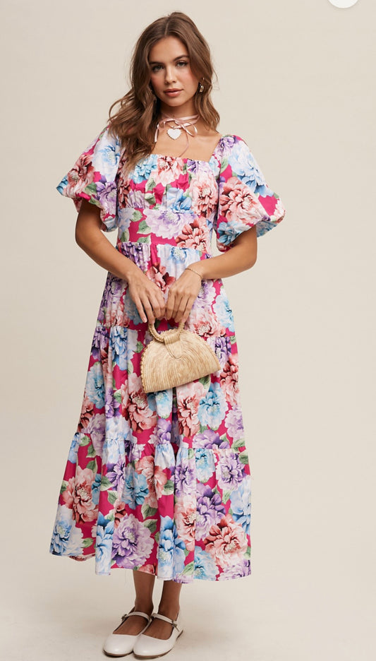 Flower Print Puff Sleeve Maxi Dress