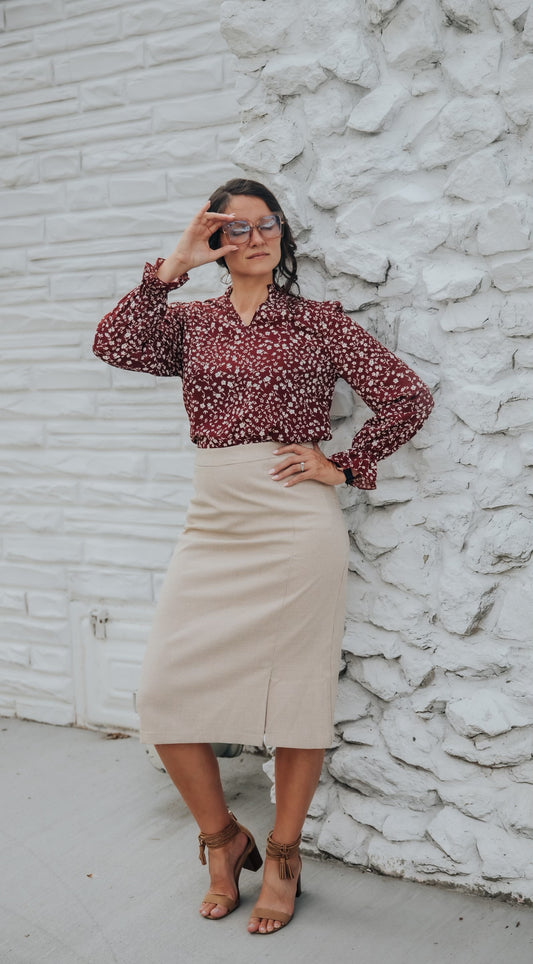 Khaki Gingham Slit Skirt