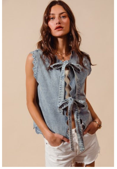 Tie Front Denim Vest With Scalloped Edge